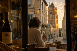 Woman peacefully enjoying wine at a terrace table in Saint-Pourçain-sur-Sioule, seen through a restaurant window at sunset, with old church tower and stone street in the background.