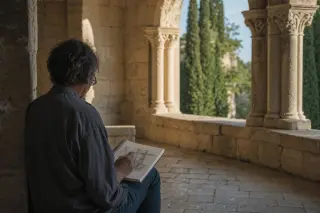 Artist quietly sketching in the shadowed cloister of a medieval fort, soft golden hour light on ancient stone walls, mood is serene and contemplative.