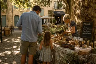 Local father and young daughter browsing a Provençal market stall under dappled late afternoon light, vendor arranging herbs nearby.