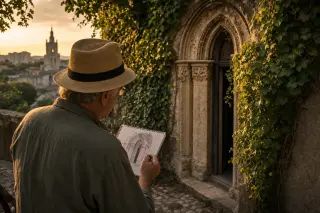 Older man sketching a medieval cloister doorway in Villeneuve-lès-Avignon at golden hour, with Avignon's silhouette in the background