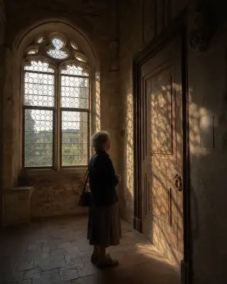 Elderly local quietly studying details of a medieval doorway inside a softly lit, historic cardinal's residence, with textured stone walls and golden sunlight streaming through an arched window.