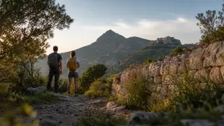 Two hikers seen from behind pausing near wildflowers by an old stone wall, mont Andaon and fort Saint-André in soft golden afternoon light.