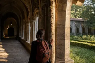 A person quietly exploring the historic cloister of the Chartreuse du Val-de-Bénédiction as late afternoon sunlight bathes ancient stone arches and garden greenery in warm, soft light.